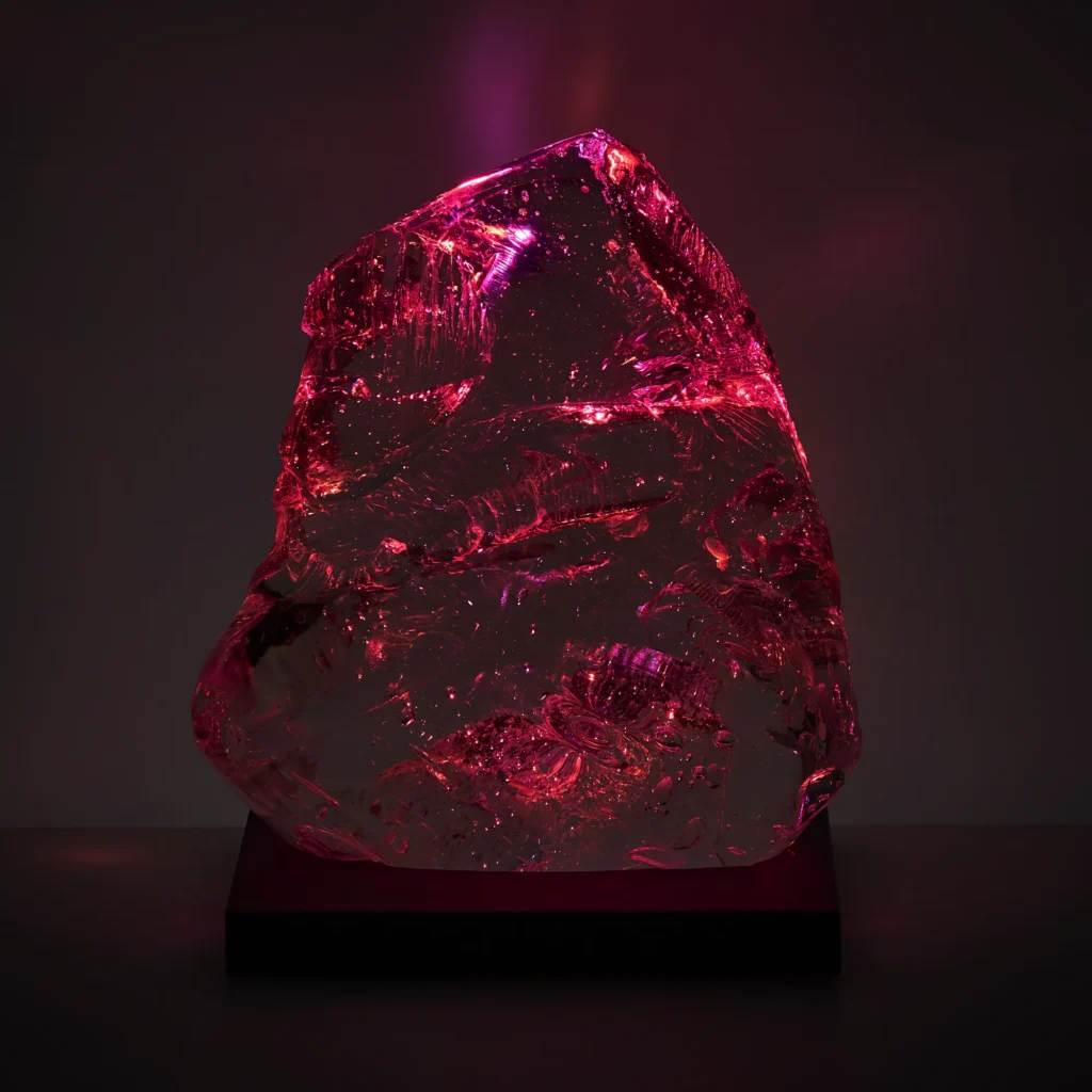 Glowing glass sculpture CF11, No Right Angle series, translucent with scattered pink light, natural form on a hand-crafted base containing LED Lighting