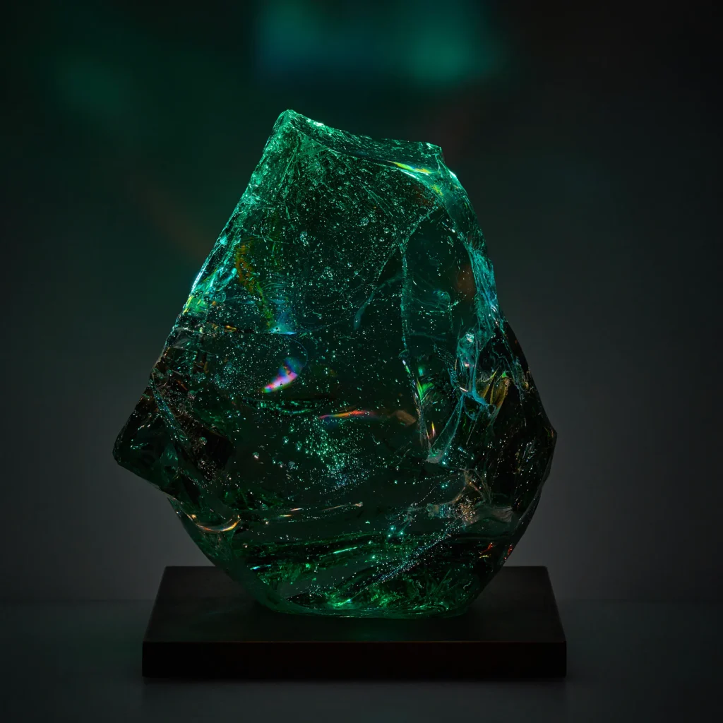 Glowing glass sculpture CF7, No Right Angle series, deep emerald green with scattered pink and gold sparkle, irregular natural form on a dark base