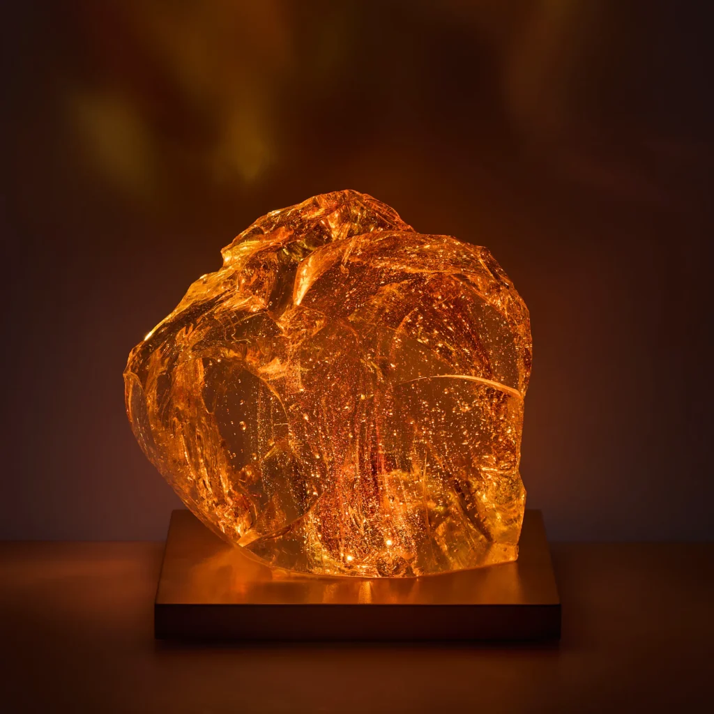 Glowing glass sculpture CF9, No Right Angle series, warm amber tones with sparkling internal texture, raw natural form on a hand-crafted base containing LED lighting